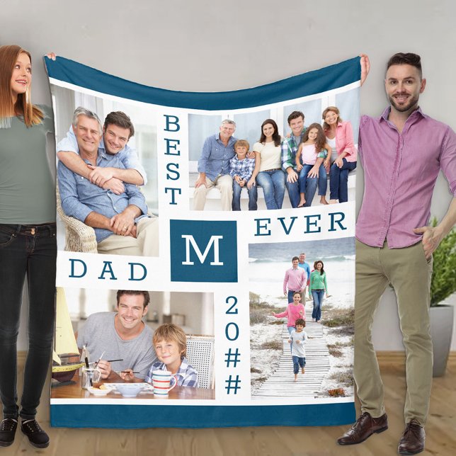 Best Dad Ever Editable Year 4 Photo Blue Fleece Blanket (Creator Uploaded)