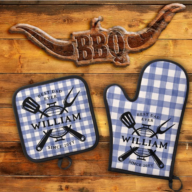 Best Dad Ever Father's Day BBQ Grill Blue Gingham  Oven Mitt & Pot Holder Set (Creator Uploaded)