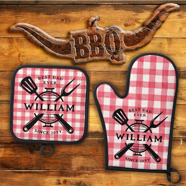 Best Dad Ever Father's Day BBQ Grill Red Gingham  Oven Mitt & Pot Holder Set (Creator Uploaded)