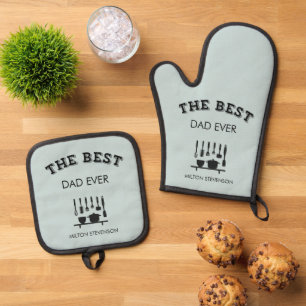 Best Dad Ever Fathers Gift Personalised Sage Green Oven Mitt & Pot Holder Set
