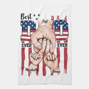 Best Dad Ever – Fist Bump USA Flag - 2 Kids Tea Towel