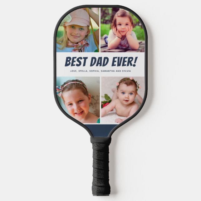 Best Dad Ever Four Photos Navy Blue Pickleball Paddle (Front)