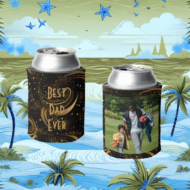 Best Dad Ever Gold Leafy Black Swirls Calligraphy  Can Cooler (Best Dad Ever Gold Leafy Black Swirls Calligraphy Can Cooler)