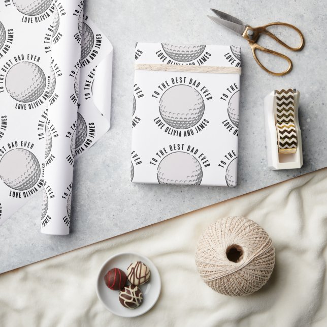 Best Dad Ever Golf Ball Pattern Kids Names Wrapping Paper (Crafts)