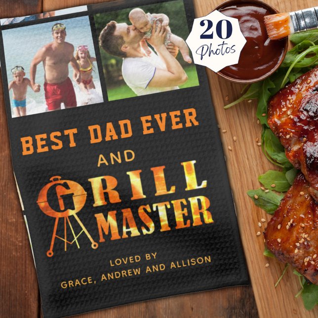 BEST DAD EVER GRILL MASTER 20 Photo Collage Names Tea Towel (Creator Uploaded)