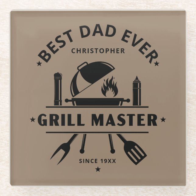 Best Dad Ever | Grill Master Brown & Black Glass Coaster (Front)