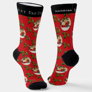 Best Dad Ever Kid Photo & Name Holly Berry Holiday Socks