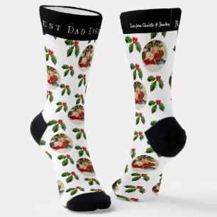 Best Dad Ever Kid Photo & Name Holly Berry Holiday Socks
