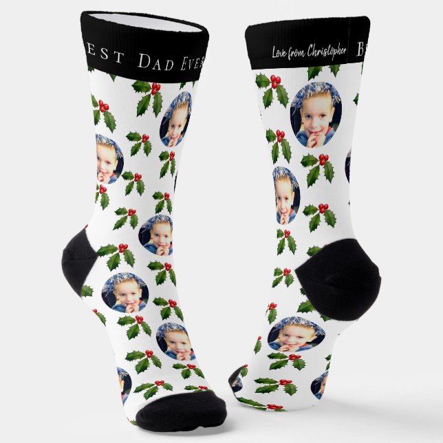 Best Dad Ever Kids Photo Holly Berry Christmas Socks (Angled)