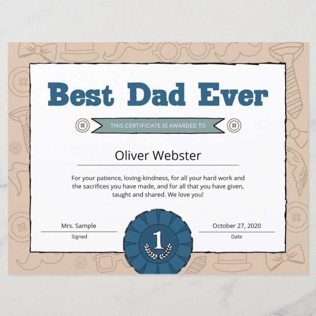 Best Dad Ever Parent Certificate Father's DayAward (Front)