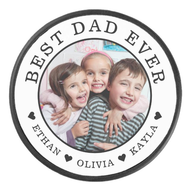 Best Dad Ever Personalized Photo Black And White  Hockey Puck (Front)