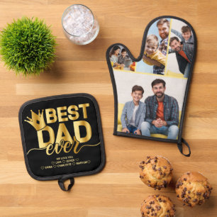 Best Dad Ever Photo Collage Keepsake Black & Gold Oven Mitt & Pot Holder Set