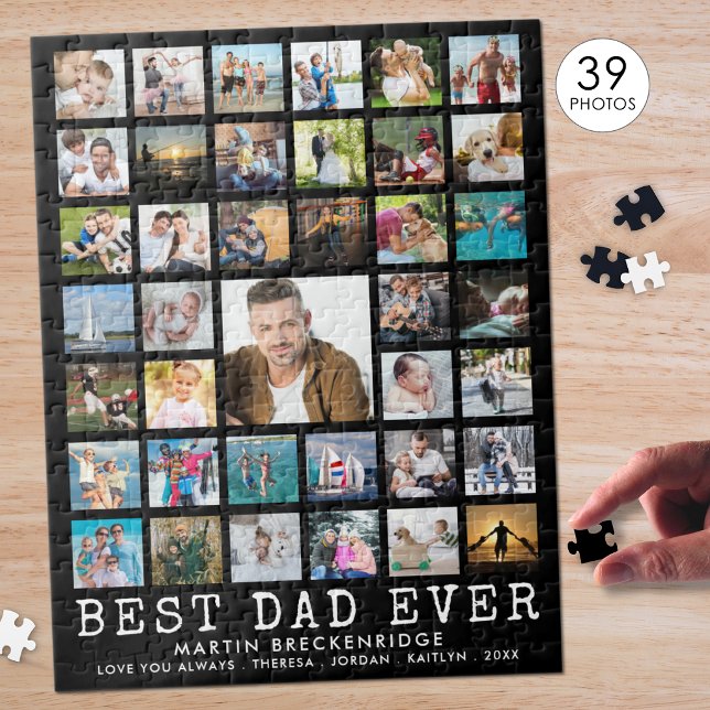 BEST DAD EVER Photo Collage Name Black Jigsaw Puzzle (Creator Uploaded)