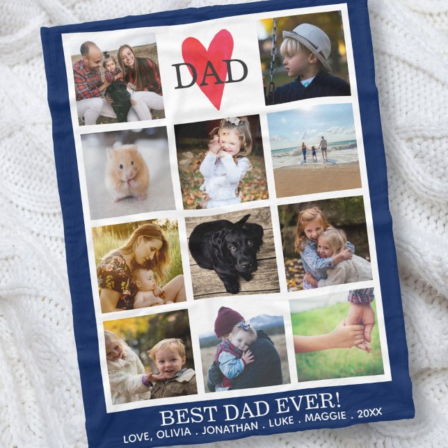 Best Dad Ever Photo Collage Navy Blue Custom Fleece Blanket (Creator Uploaded)