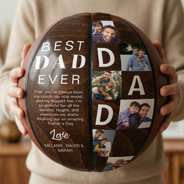 Best Dad Ever Photo Collage Woodgrain Personalize  Basketball (Best Dad Ever Photo Collage Woodgrain Personalize Basketball)