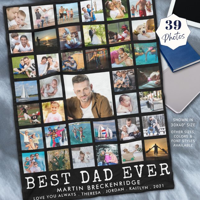 BEST DAD EVER Photo Collage Your Text Black Fleece Blanket (Creator Uploaded)
