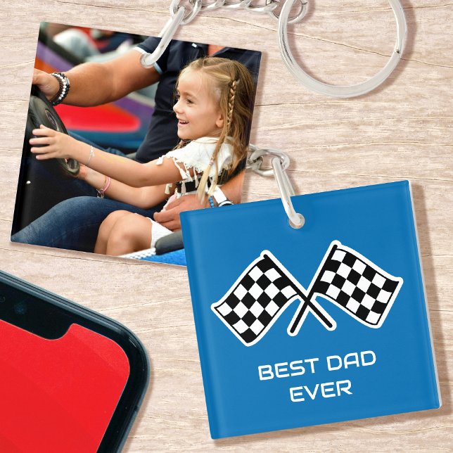 Best Dad Ever Photo Racing Chequered Flags Blue Key Ring (Creator Uploaded)