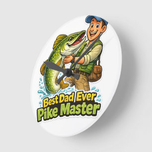 Best Dad Ever Pike Master funny fishing cartoon Round Clock