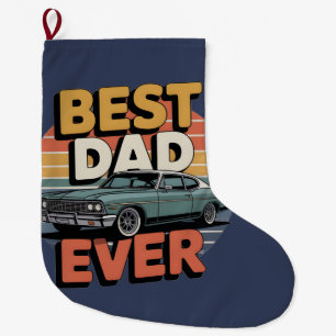 Best Dad Ever Retro Vintage Teal Muscle Car Large Christmas Stocking