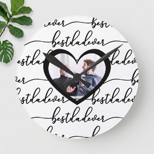 Best Dad Ever Script Black White Photo Round Clock