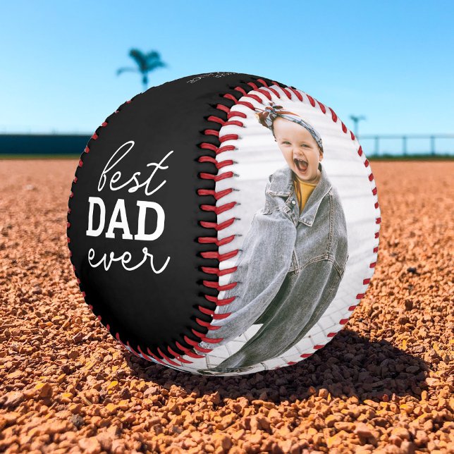 Best Dad Ever Script Handwritten Photo Black Baseball (Creator Uploaded)