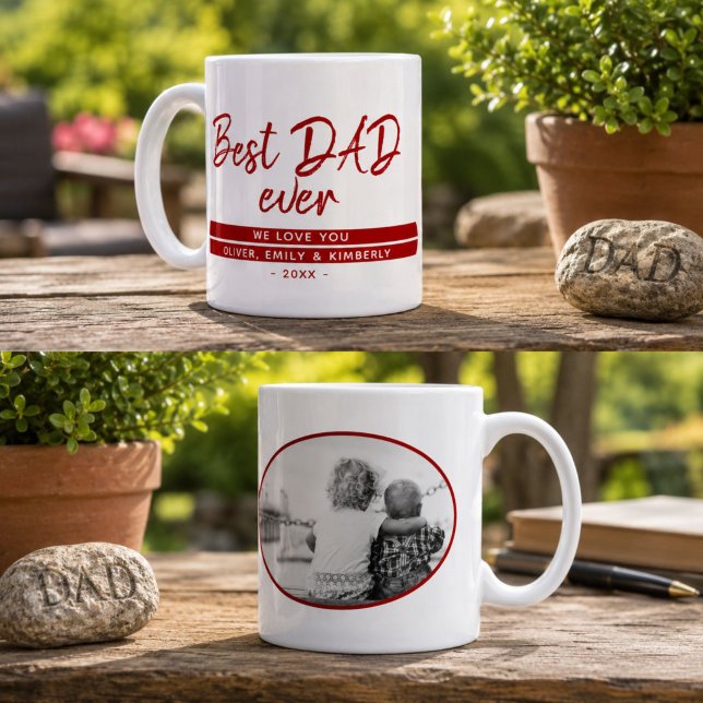 Best Dad Ever Script Red Modern Father`s Day Photo Coffee Mug (Creator Uploaded)
