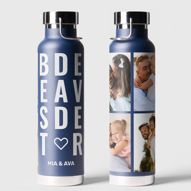 Best Dad Ever Typography Custom Names 4 Photo Water Bottle (Creator Uploaded)