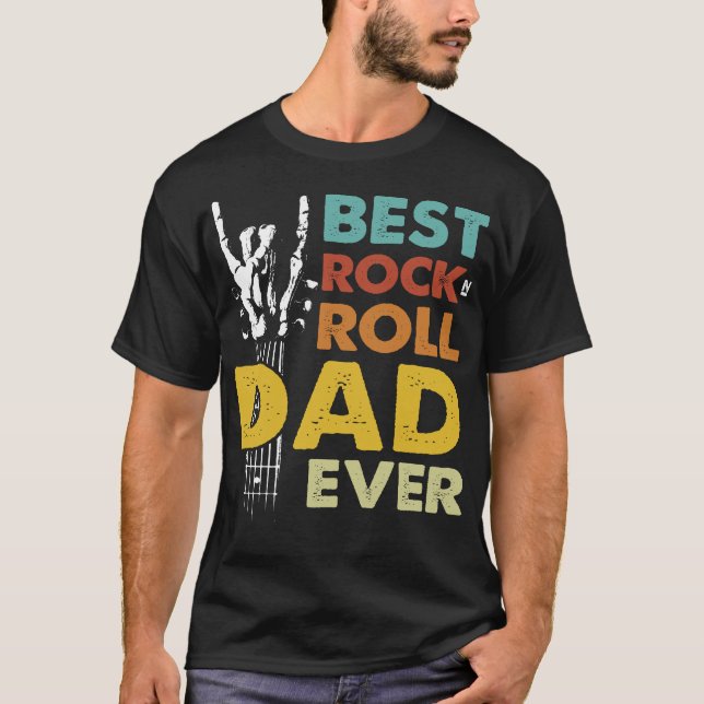 Best Dad Ever w/ Guitar, Rock Music & Skull Theme T-Shirt (Front)