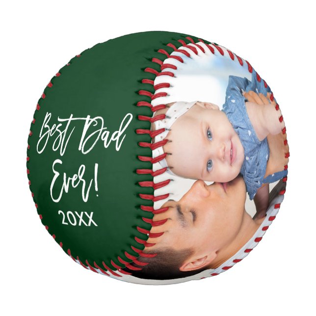 Best Dad Ever Year 2 Photo Brush Script Green Baseball (Angled)