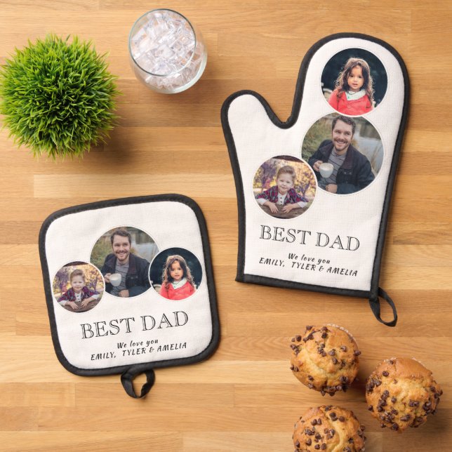 Best Dad Father`s Day 3 Oval Photo Collage Oven Mitt & Pot Holder Set (Top Down)