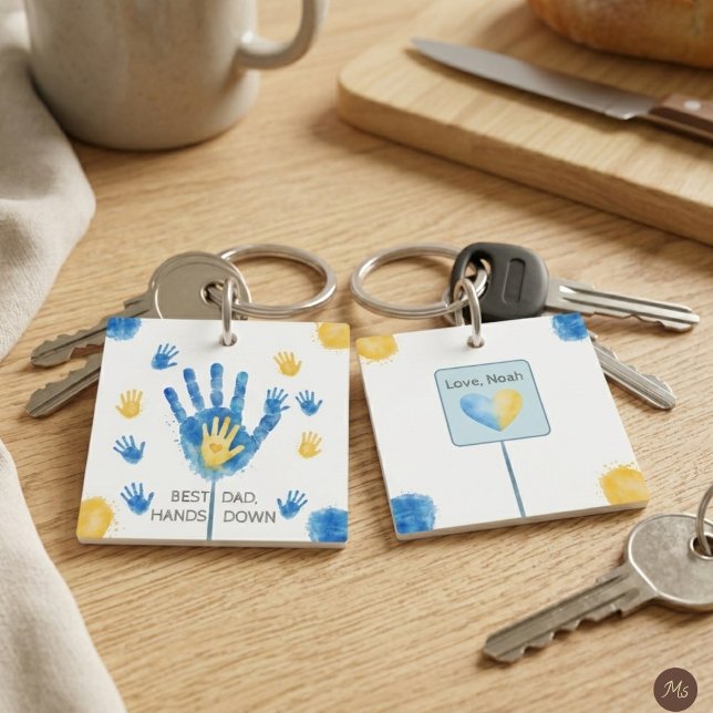 Best Dad Hands Down Blue Yellow Watercolor  Key Ring (Creator Uploaded)