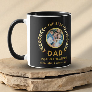 Best Dad In Custom Location Photo Black And Gold Mug