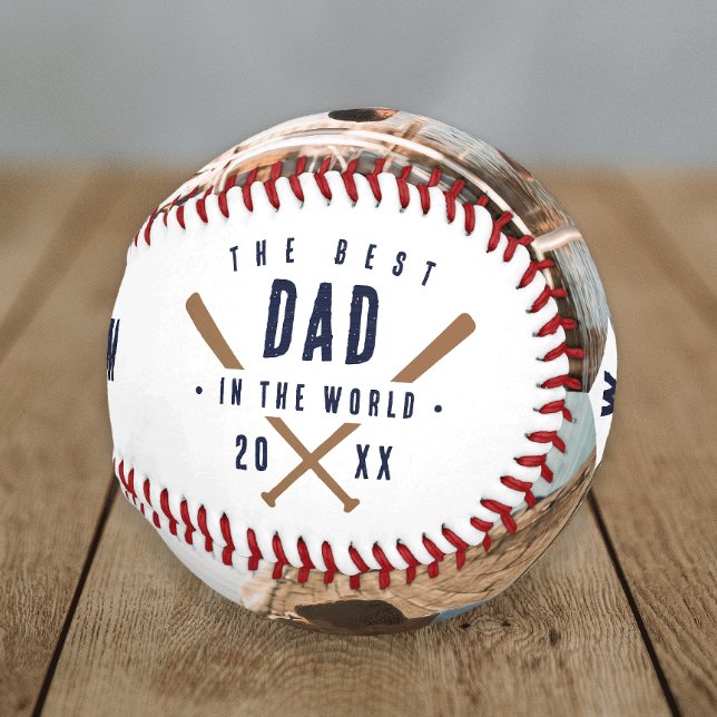 Best Dad In The World 2 Photo Monogram Fathers Day Baseball (Best Dad Vintage 2 Photo Baseball with Monogram and Name.)