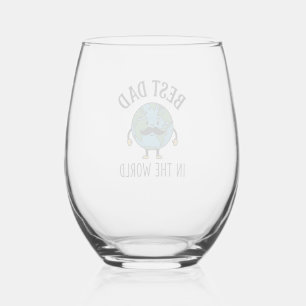 Best Dad in the World Earth Moustache Shirt Design Stemless Wine Glass