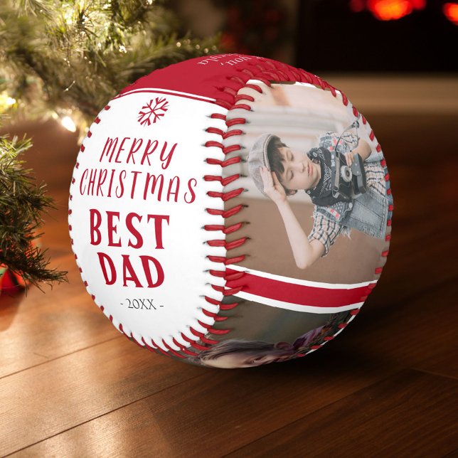 Best Dad Merry Christmas Red 3 Photo Collage Baseball (Creator Uploaded)