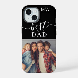 Best Dad Monogram Modern Script Photo Black  iPhone 15 Case