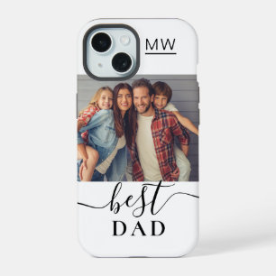Best Dad Monogram Modern Script Photo White iPhone 15 Case