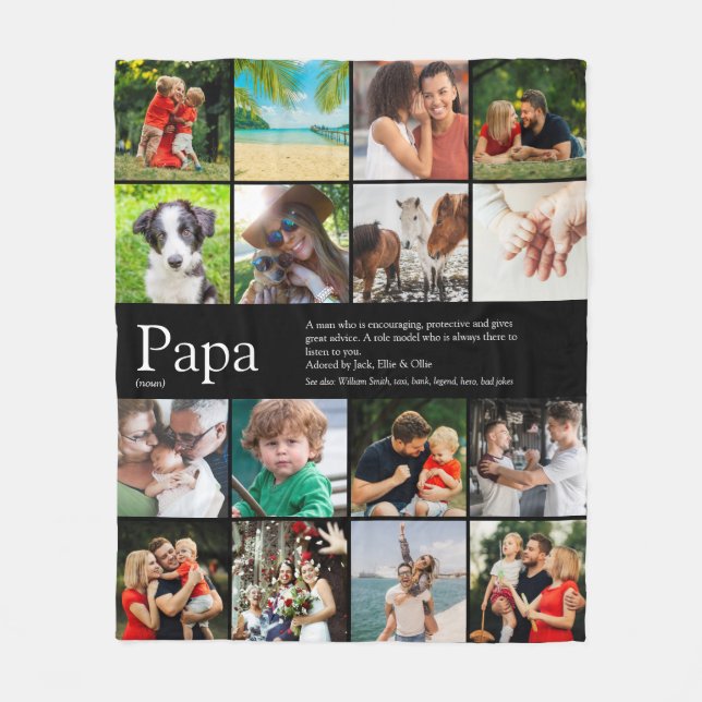 Best Dad Papa Ever Definition Photo Collage Black Fleece Blanket (Front)