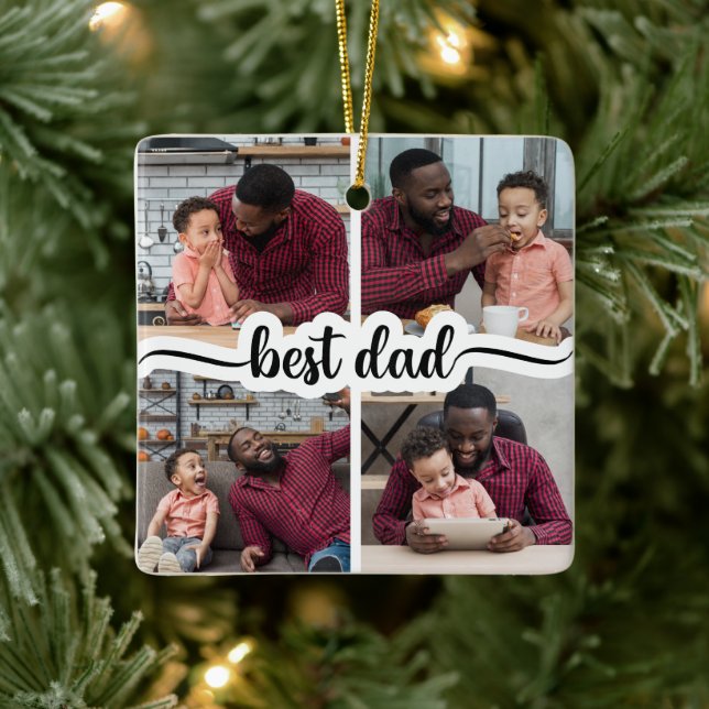 Best Dad Personalised 4 Photo Collage Ceramic Ornament (Tree)