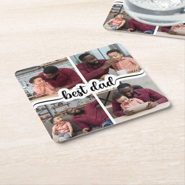 Best Dad Personalised 4 Photo Collage Square Paper Coaster (Angled)