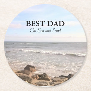 Best Dad Photo of Wavy Atlantic Ocean Blue Sky Round Paper Coaster