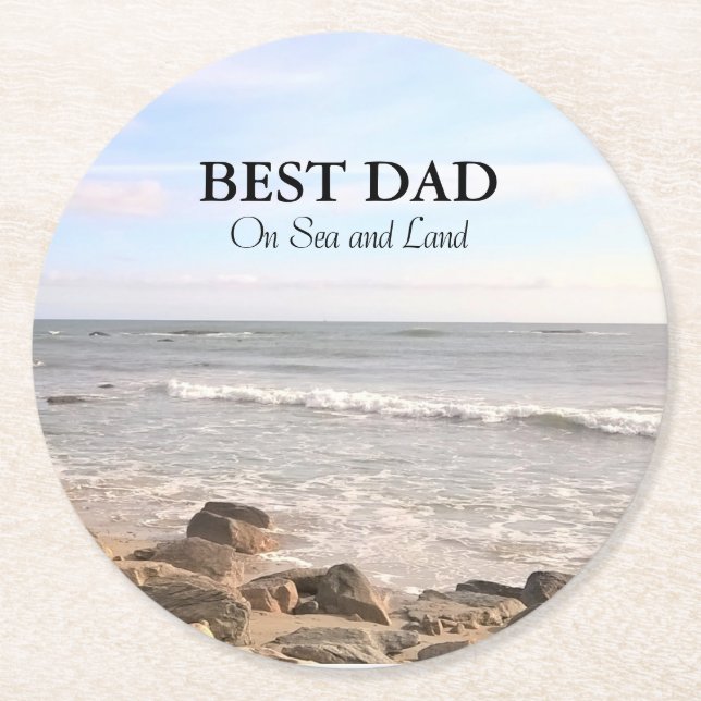 Best Dad Photo of Wavy Atlantic Ocean Blue Sky Round Paper Coaster (Front)