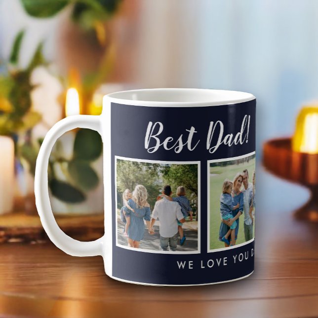 Best Dad! Photos Collage Message Navy Blue Coffee Mug (Best dad script font with 6 family photo slots, along with a custom message for your number 1 Dad.)