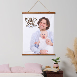 Best Dad Quote Brown Script Father & Baby Photo Hanging Tapestry