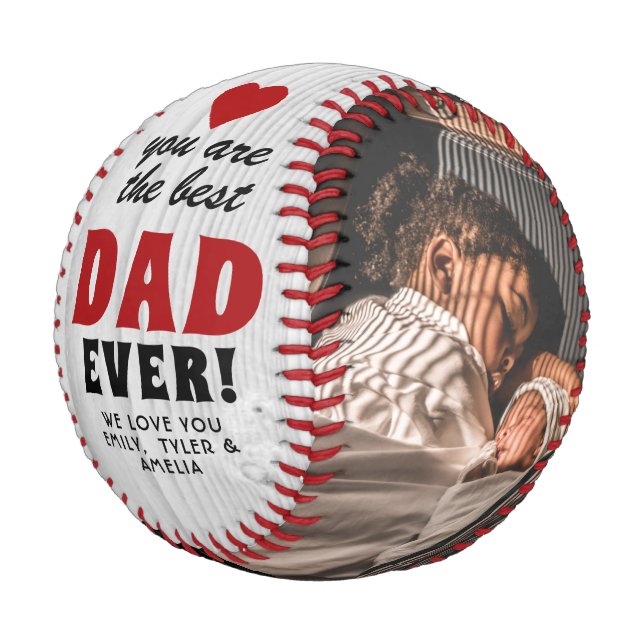 Best Dad Red Heart Rustic Wood 2 Photo Baseball (Angled)