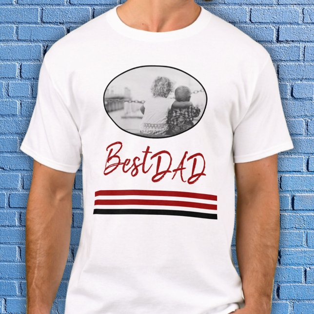 Best Dad Red Modern Script Family Photo T-Shirt (Creator Uploaded)