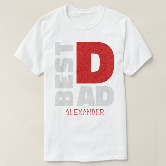 Best Dad Red Silver Glitter Name Customised T-Shirt (Design Front)