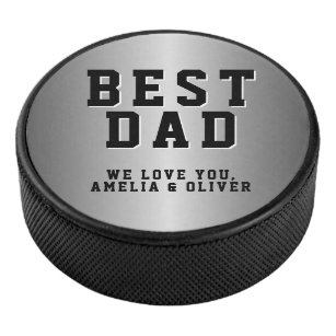 Best Dad Silver Metallic Father`s Day Hockey Puck