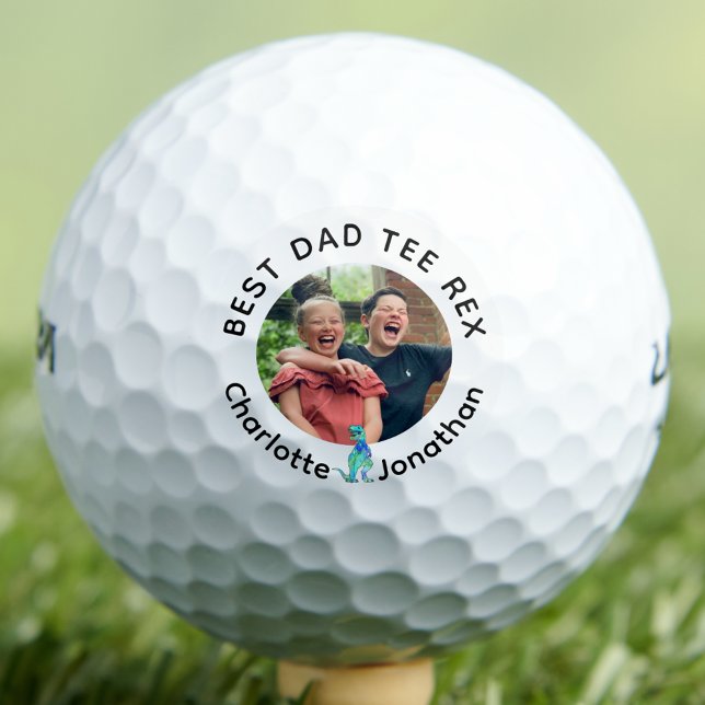 Best Dad Tee Rex personalised kids photo and names Golf Balls (Funny best dad tee Rex custom kids photo golf ball With names dinosaur golfing for fathers from kids)