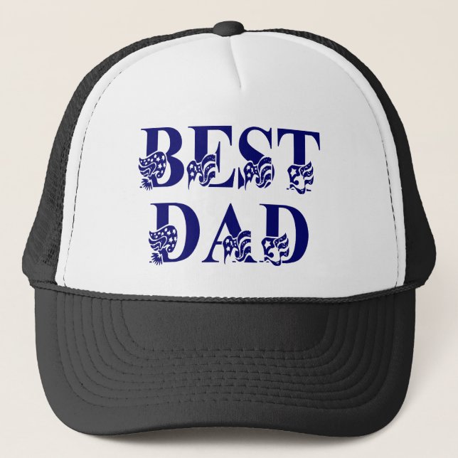 Best Dad with Flags Blue Text Trucker Hat (Front)